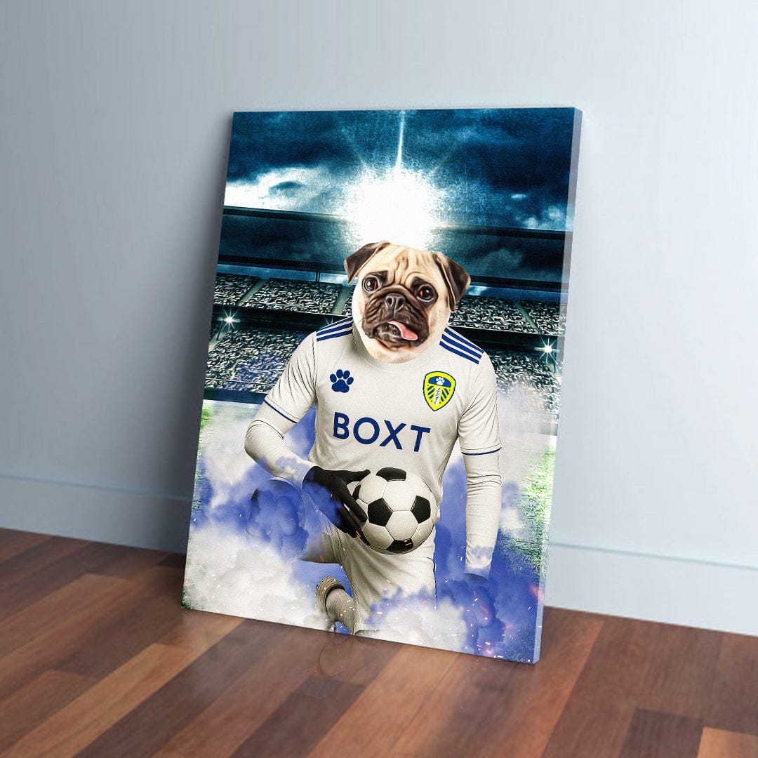 Personalized Leeds United Doggos Football canvas featuring a pug in a white jersey holding a soccer ball.