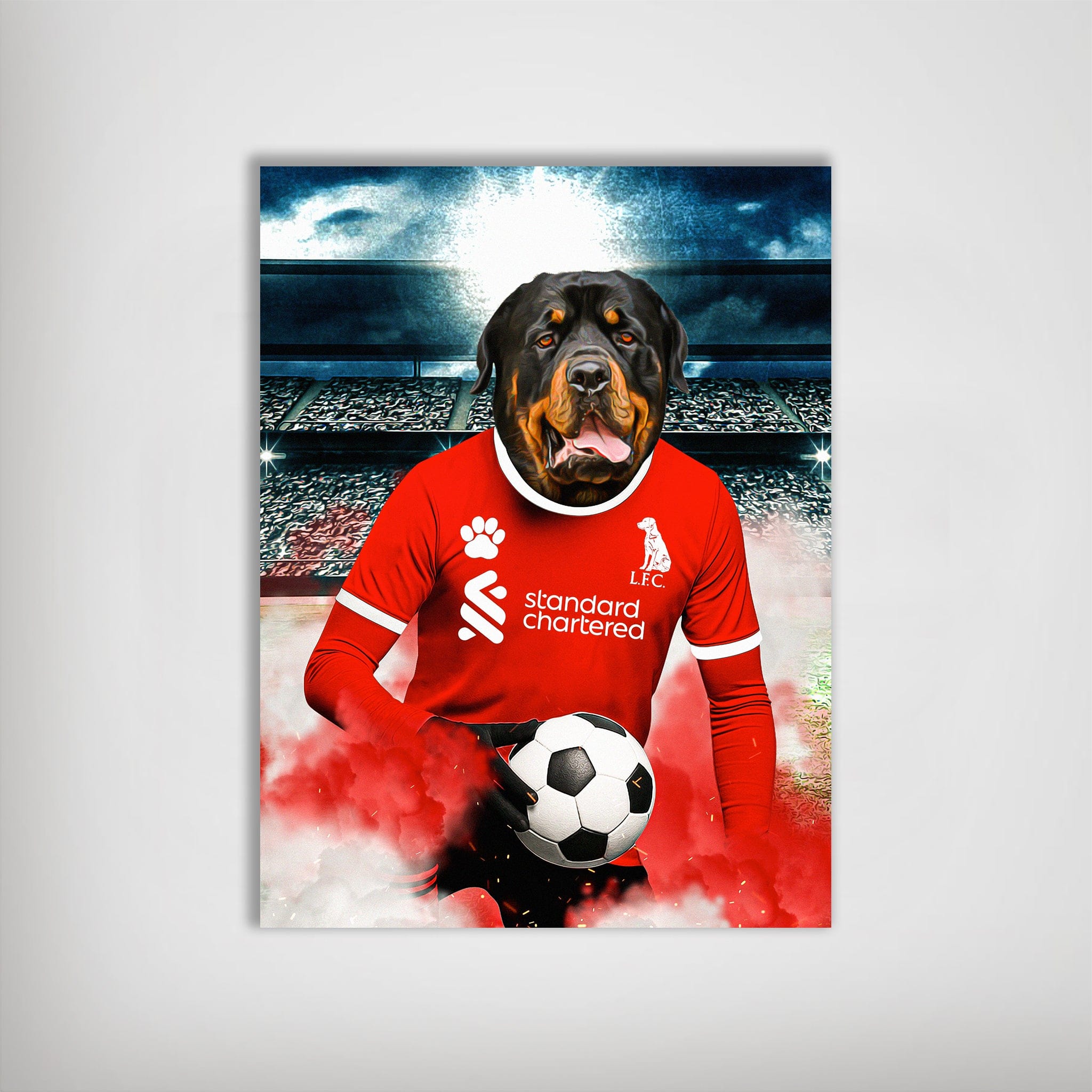 Personalized Liverpool Doggos Football poster featuring a Rottweiler in a red jersey holding a soccer ball.