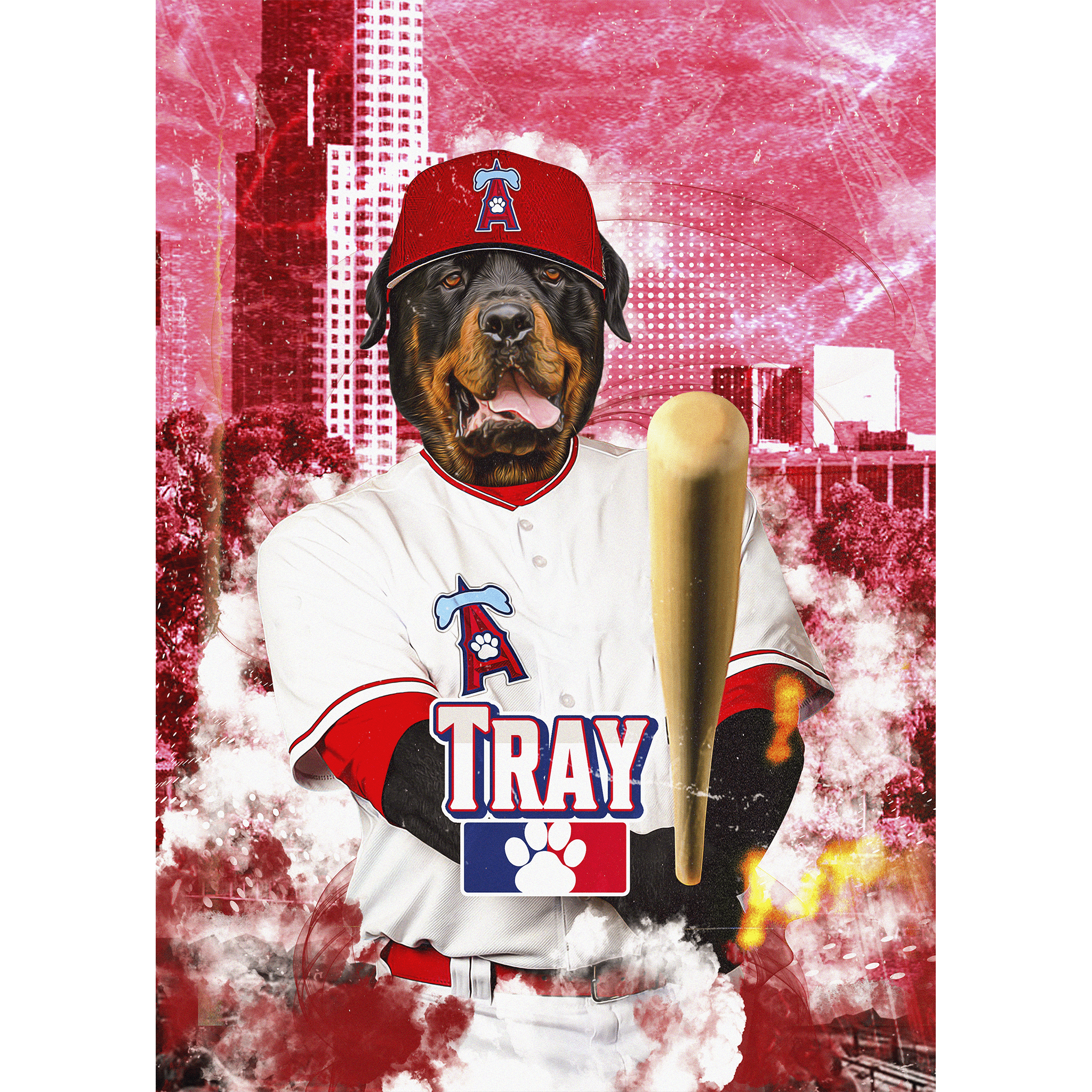 Personalized digital portrait of a Rottweiler dog in a Los Angeles Angels baseball uniform.