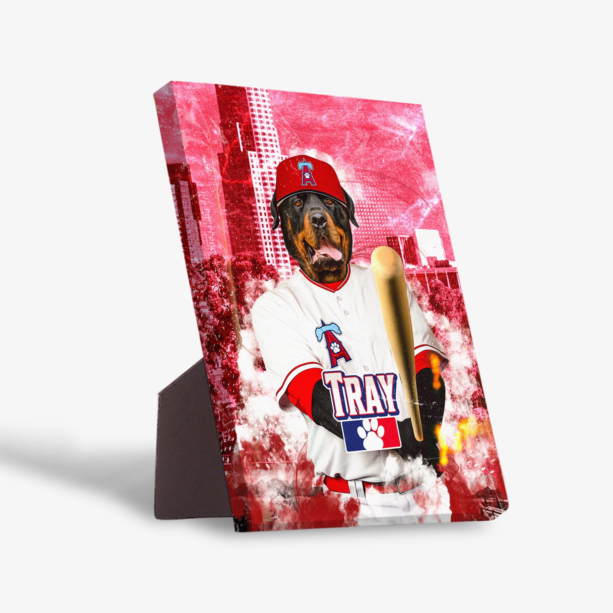 Personalized pet standing canvas featuring a Rottweiler in a Los Angeles Angels baseball uniform with a red city background.