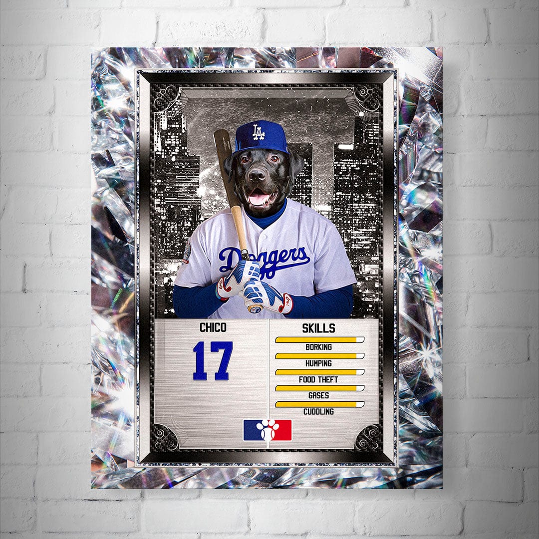 Personalized 8x10" matte poster of a black dog in a "Los Angeles Doggers" baseball uniform, framed by sparkling diamonds.