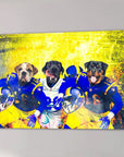 Custom canvas with three pets as football players in blue and yellow uniforms against a bright yellow background.
