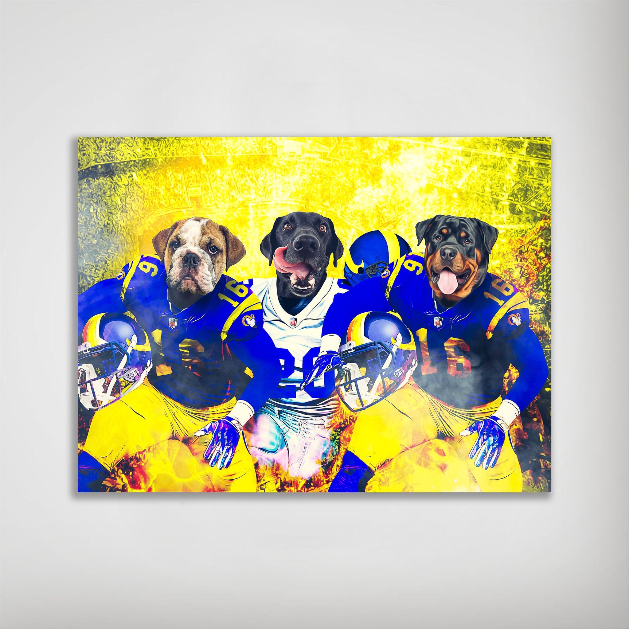 Personalized 'Los Angeles Doggos' poster featuring three pets as football players in blue and yellow uniforms.