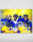 Personalized 'Los Angeles Doggos' poster featuring three pets as football players in blue and yellow uniforms.