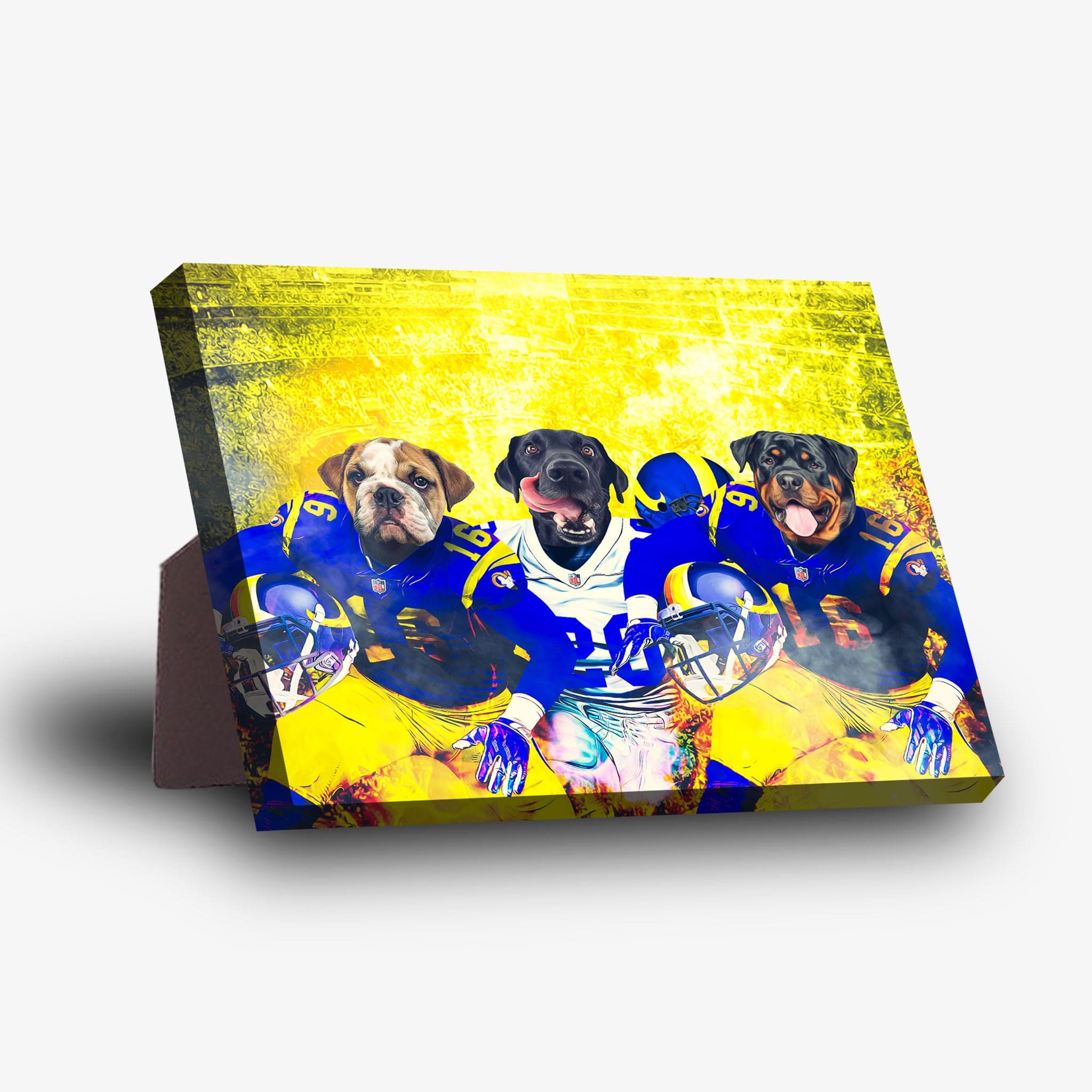 Personalized 3-pet standing canvas featuring dogs in blue and yellow football uniforms against a vibrant yellow background.