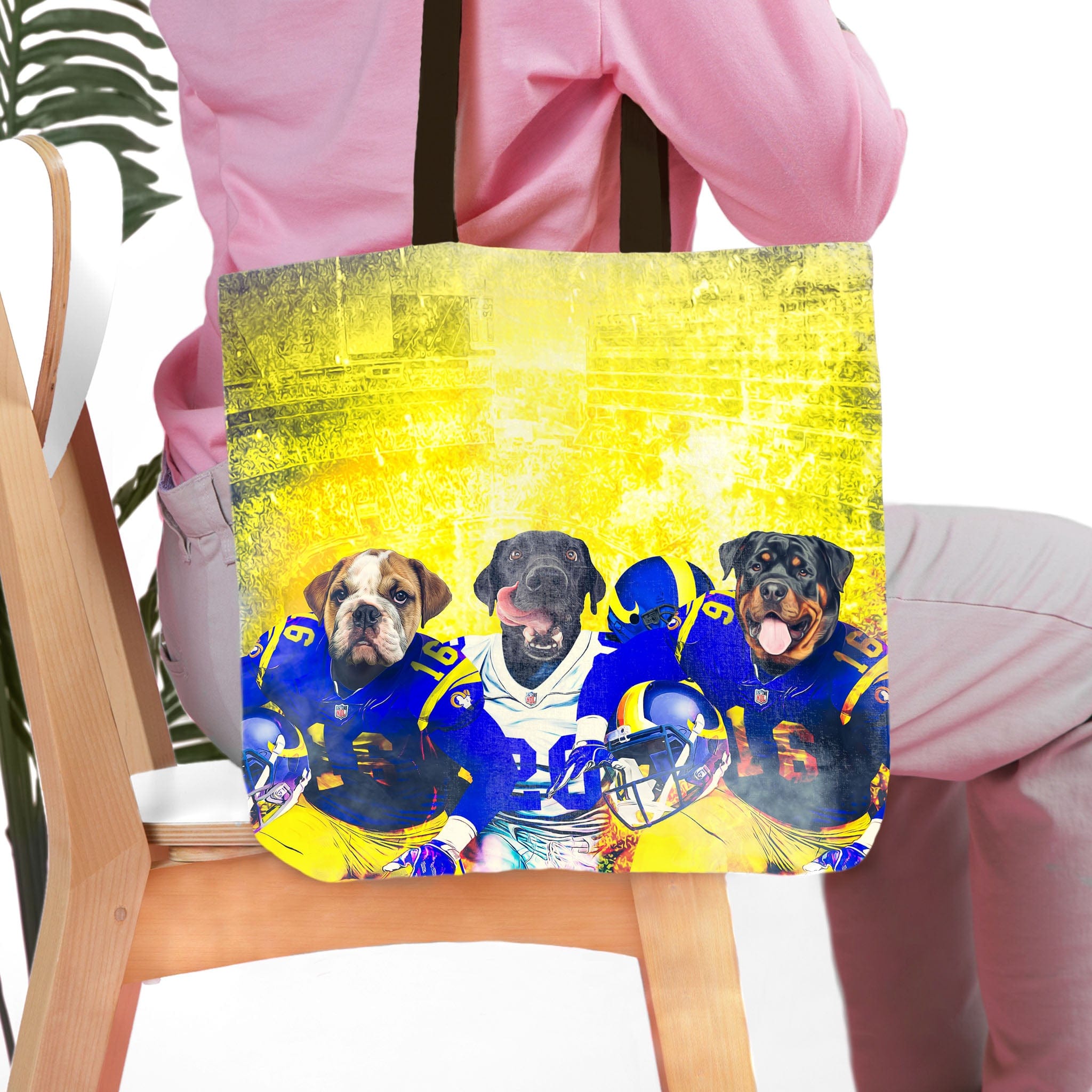 Personalized 3-pet tote bag with dogs in blue and yellow football uniforms.