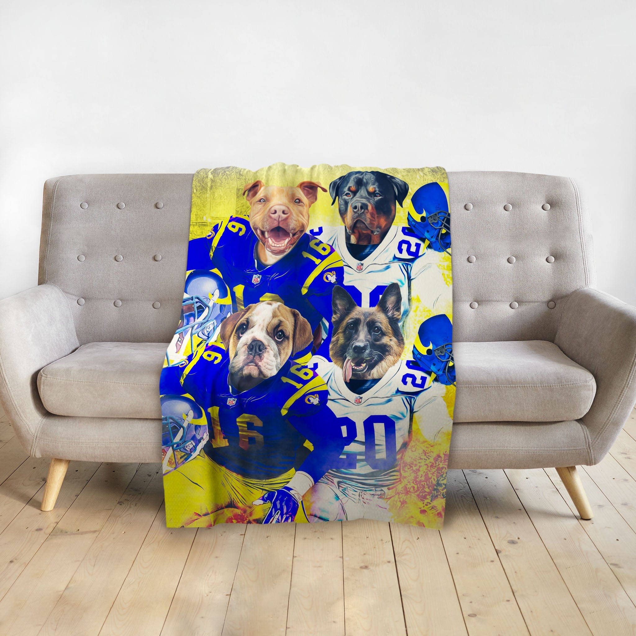 Personalized 4-pet blanket with dogs in blue and white football jerseys.