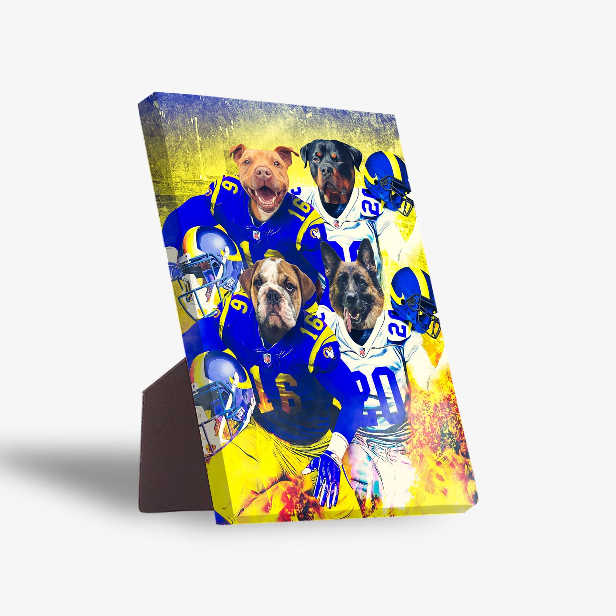 Personalized 'Los Angeles Doggos' 4-pet standing canvas featuring dogs in blue and yellow football uniforms.
