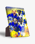 Personalized 'Los Angeles Doggos' 4-pet standing canvas featuring dogs in blue and yellow football uniforms.