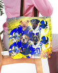 Personalized 4-pet tote bag featuring dogs in Los Angeles Rams football uniforms with a distressed yellow background.