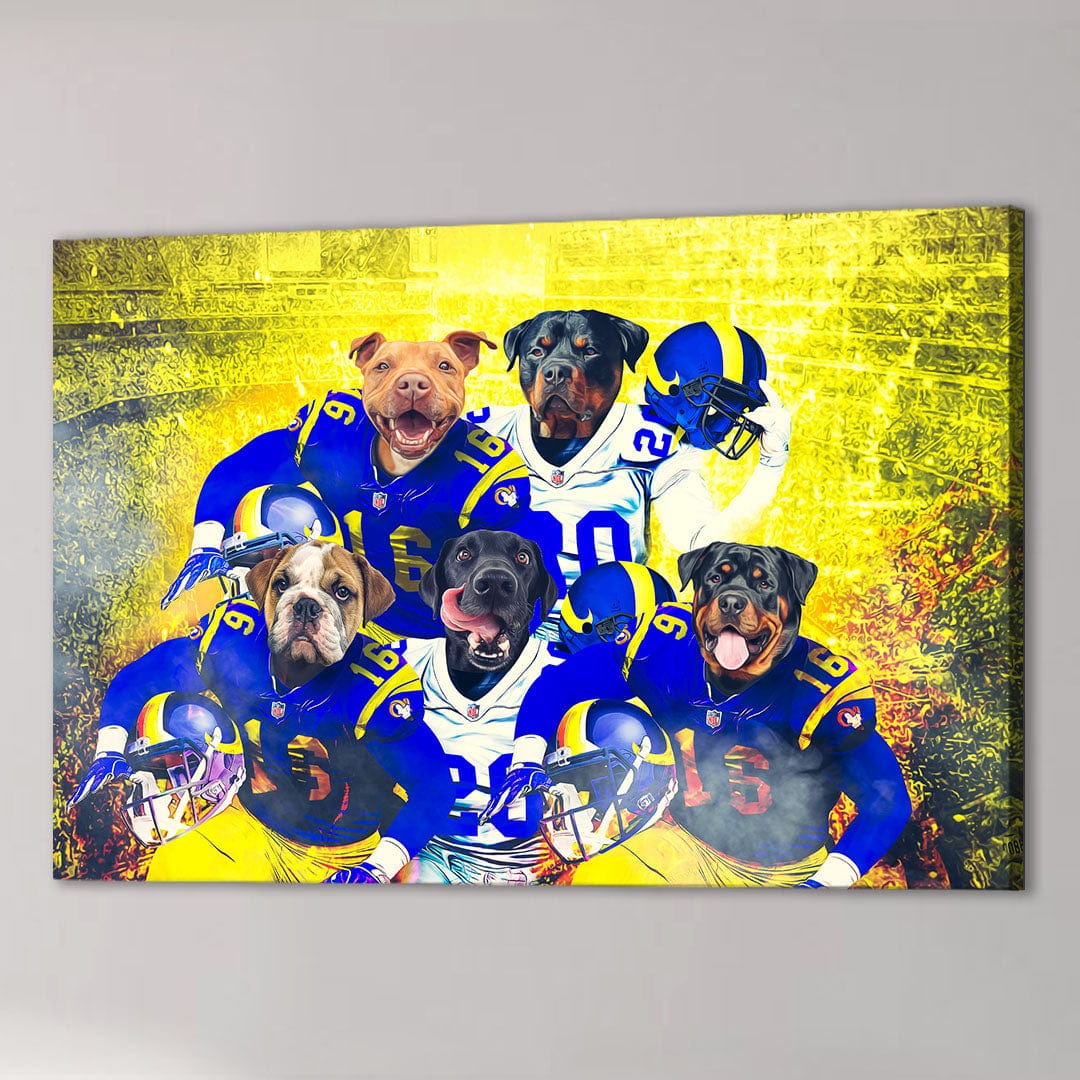 Personalized 5 pet canvas featuring dogs in blue and yellow football uniforms against a vibrant yellow background.