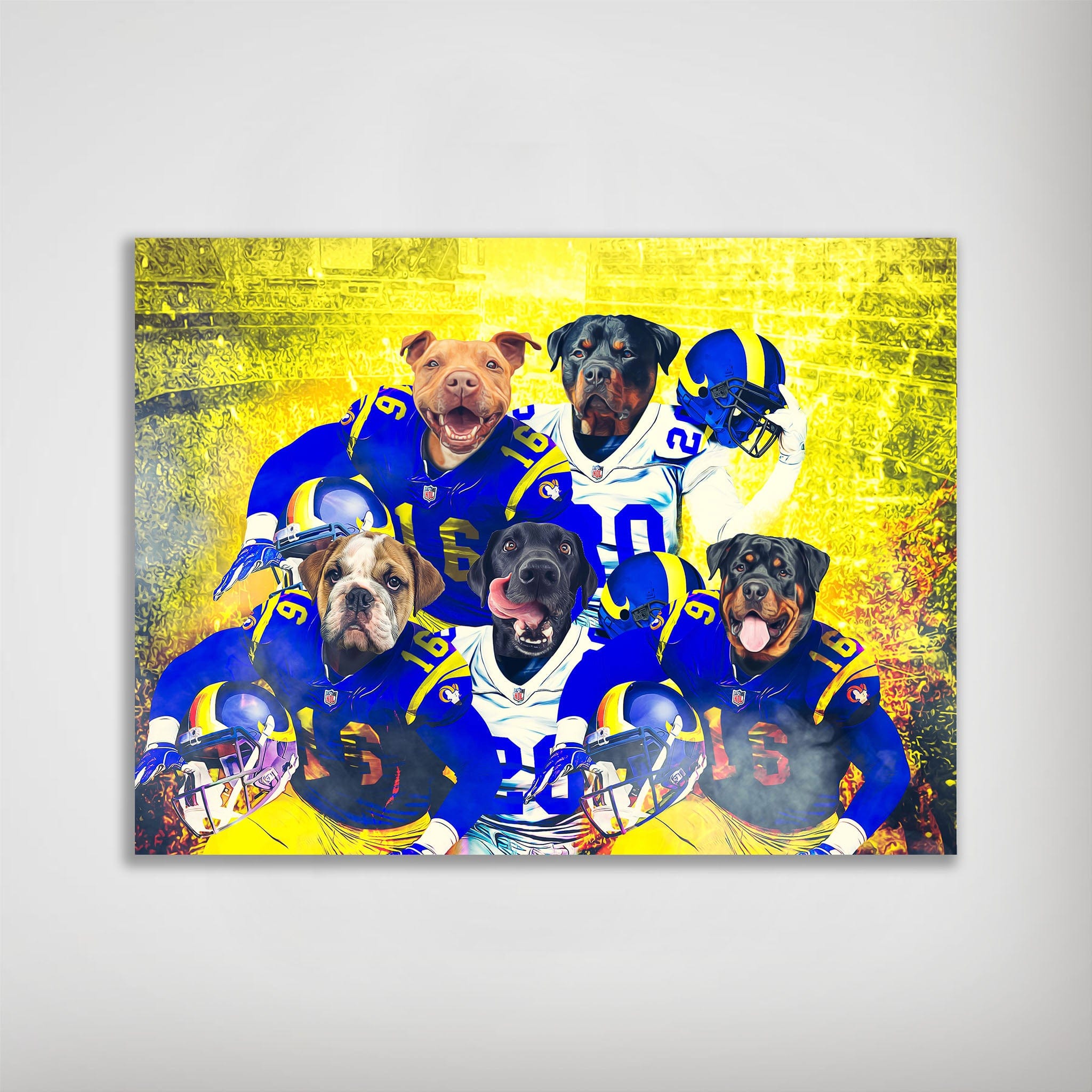 Personalized 5 pet poster featuring dogs in blue and white football uniforms against a yellow, fiery background.