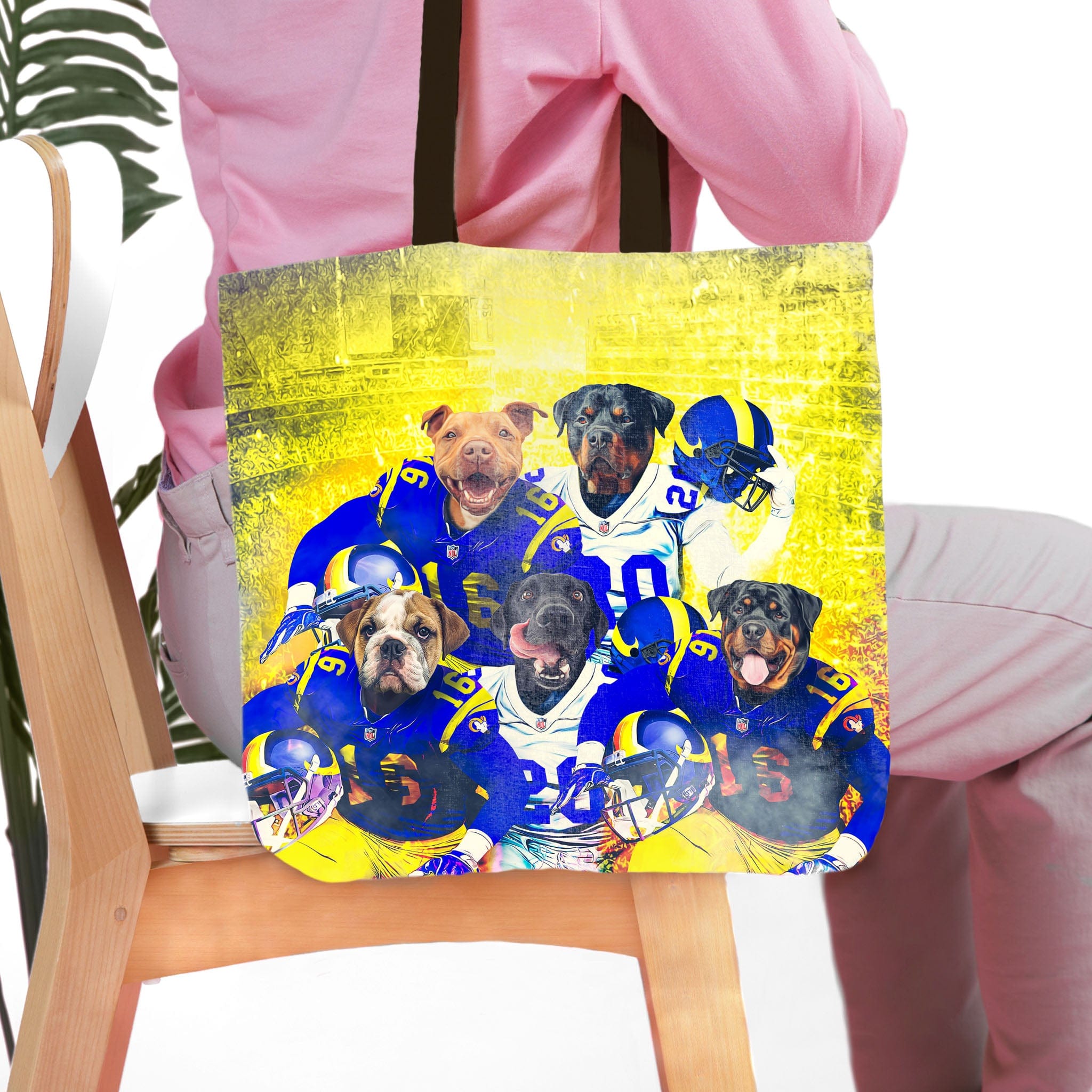 Personalized 5-pet Los Angeles Doggos football team portrait tote bag.