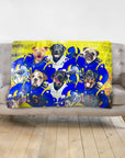 Personalized 6-pet blanket featuring dogs in blue and yellow football uniforms.