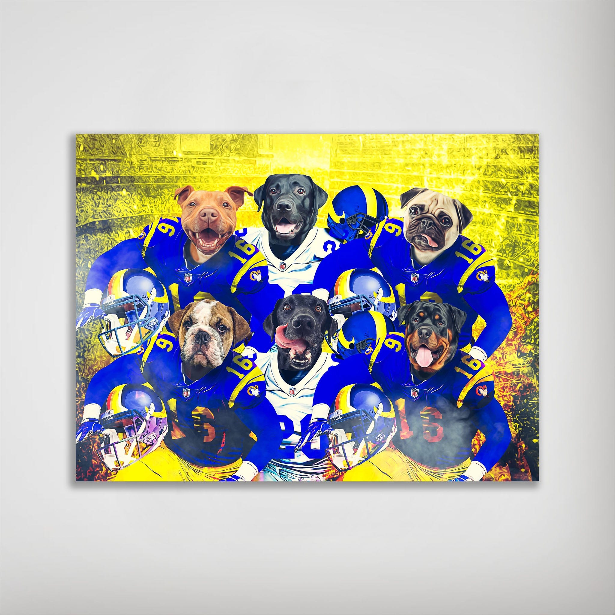 Personalized 6-pet poster featuring dogs in blue and yellow football uniforms against a vibrant background.