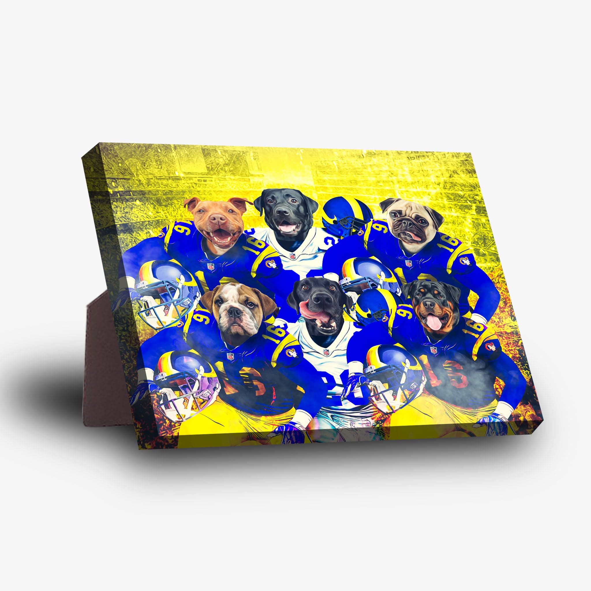 Personalized 6-pet standing canvas featuring dogs in blue and yellow football uniforms.
