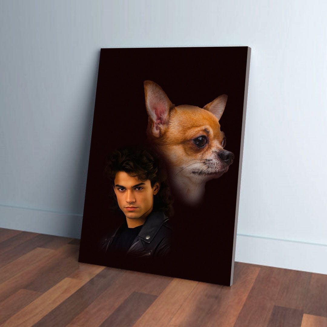 Personalized 'Majestic Dark Pose' canvas featuring a man and a chihuahua on a dark background.