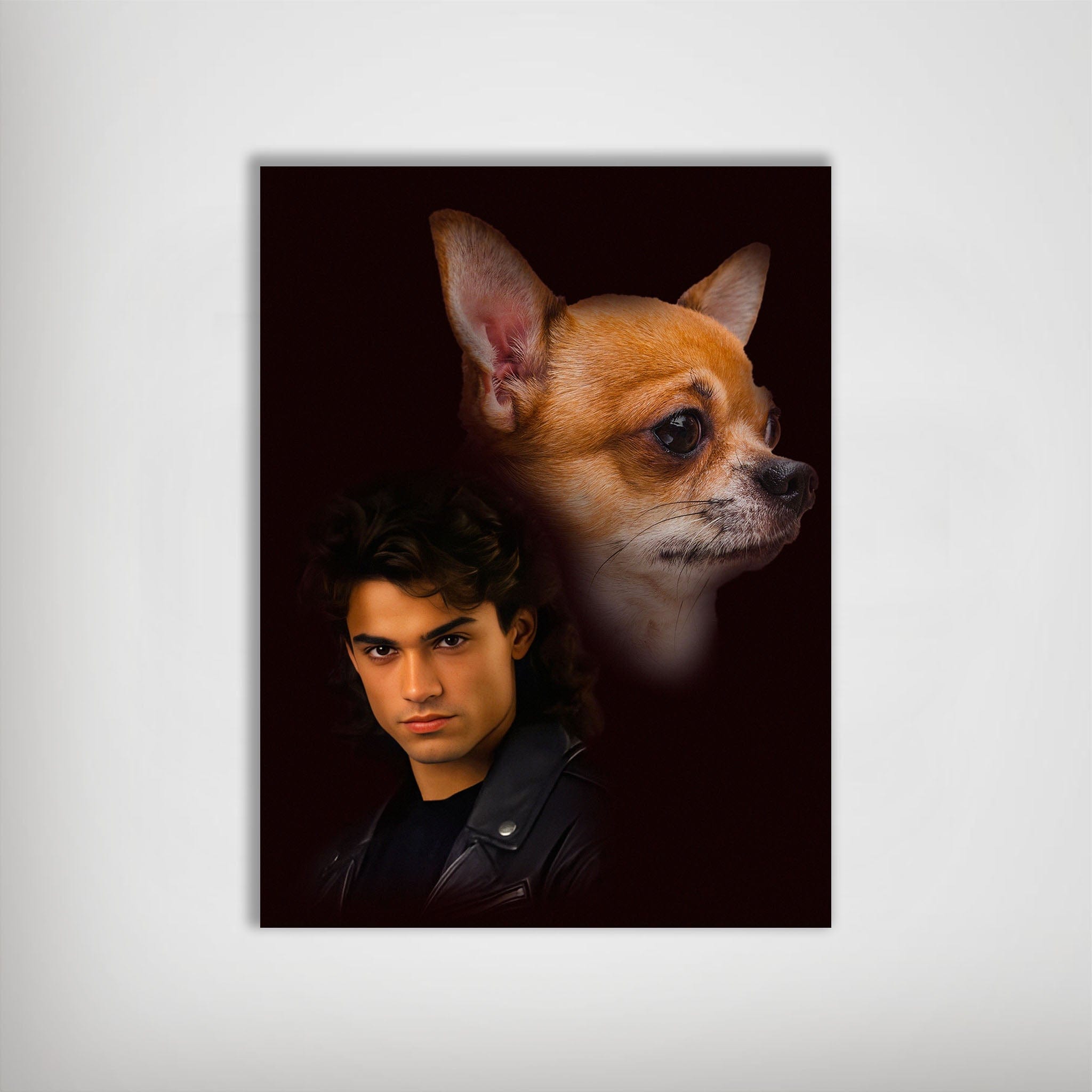 Personalized 'Majestic Dark Pose' poster featuring a man in a leather jacket and a chihuahua on a dark background.