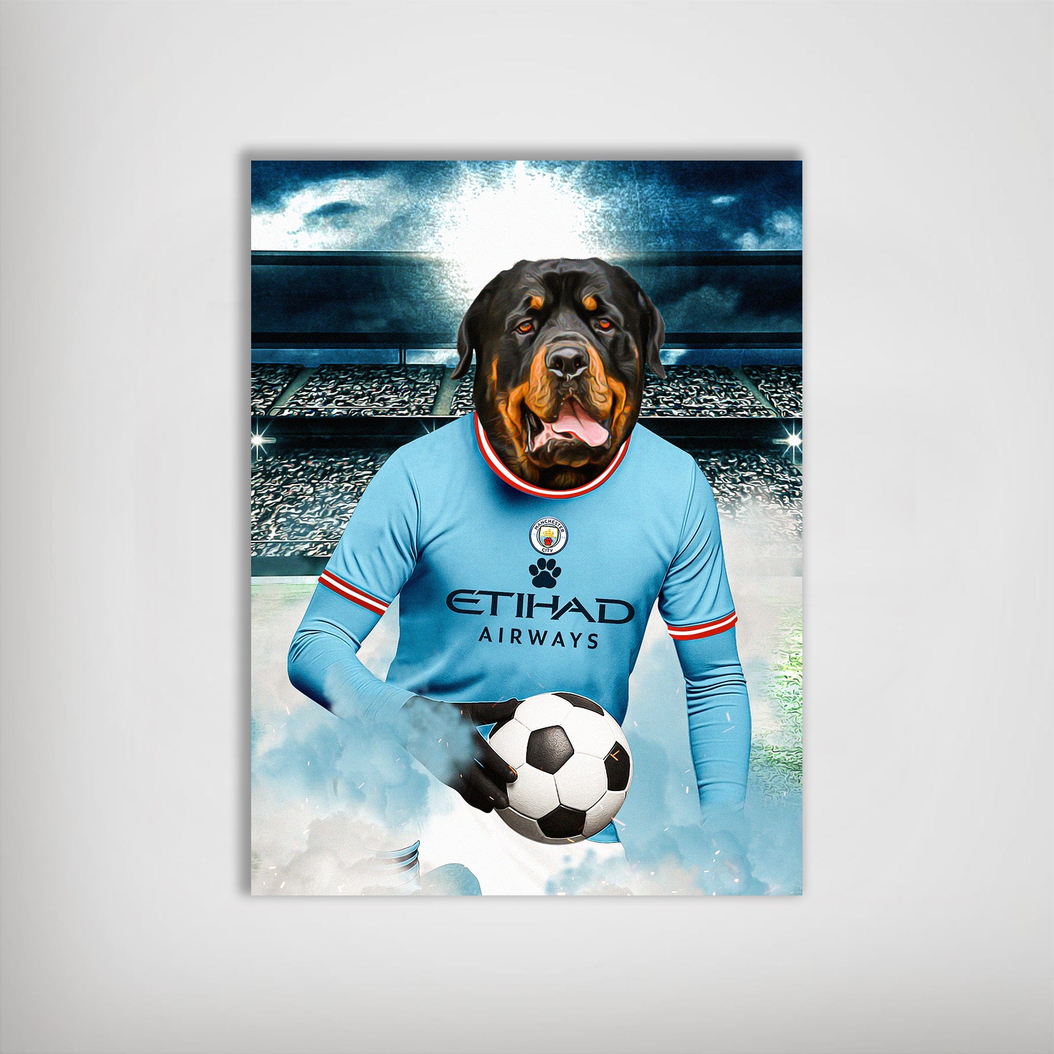 Personalized Manchester City Doggos football poster featuring a Rottweiler in a light blue jersey holding a soccer ball.