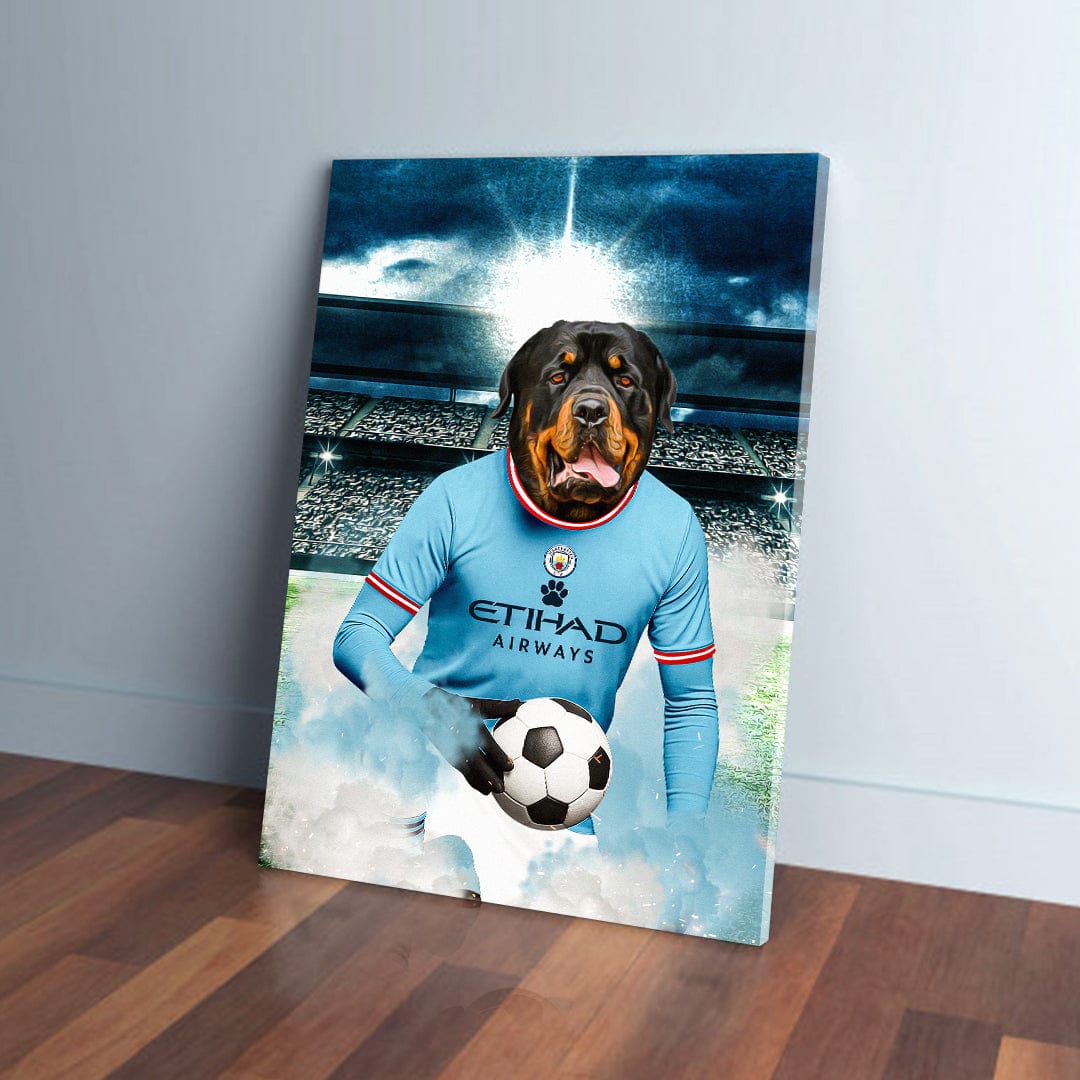 Personalized Manchester City Doggos Football canvas featuring a Rottweiler in a light blue jersey holding a soccer ball.