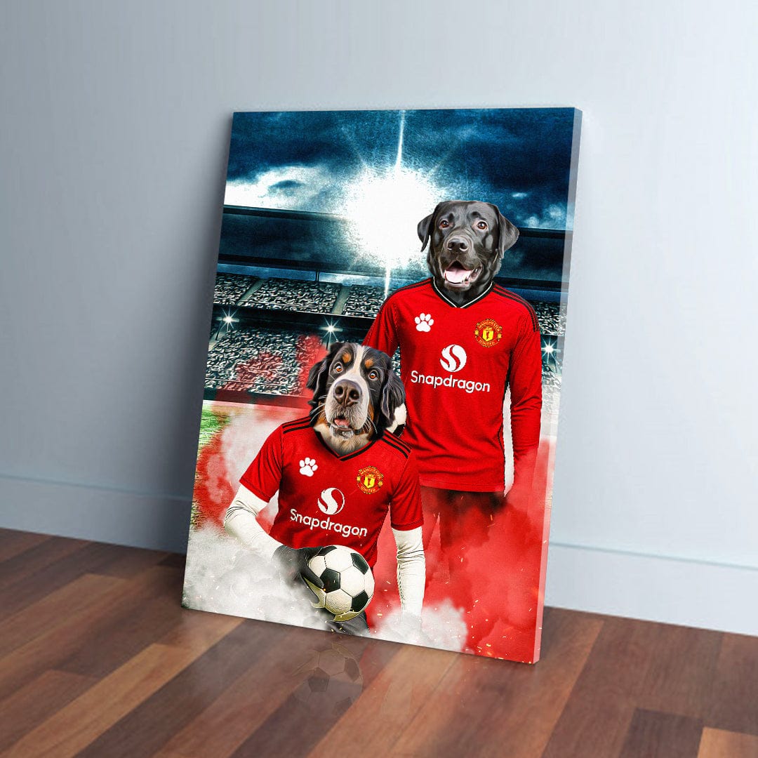 Personalized canvas featuring two dogs in red Manchester United football kits on a stadium background.