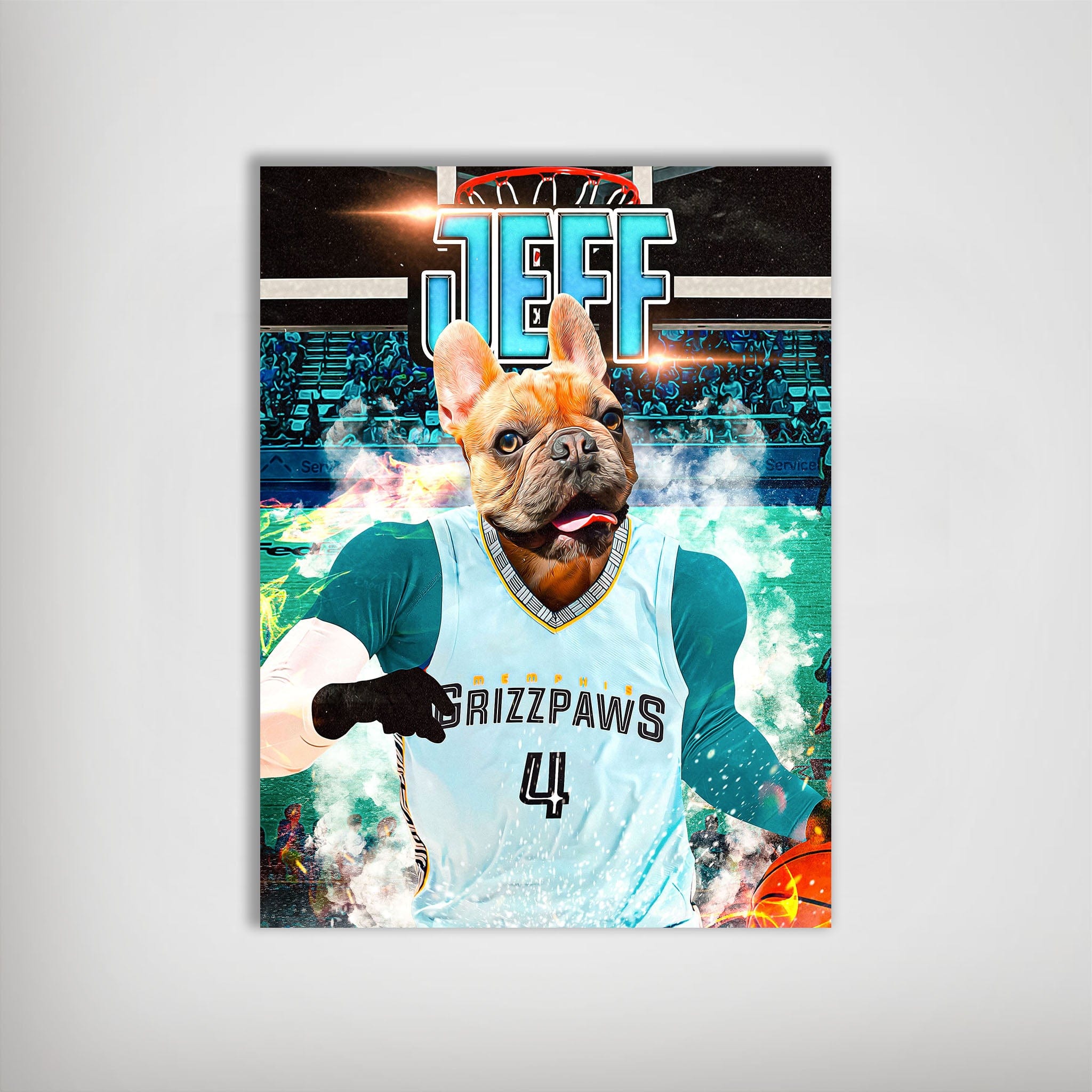 Personalized "Memphis Grizzpaws" poster featuring a French bulldog in a teal basketball jersey, dribbling.