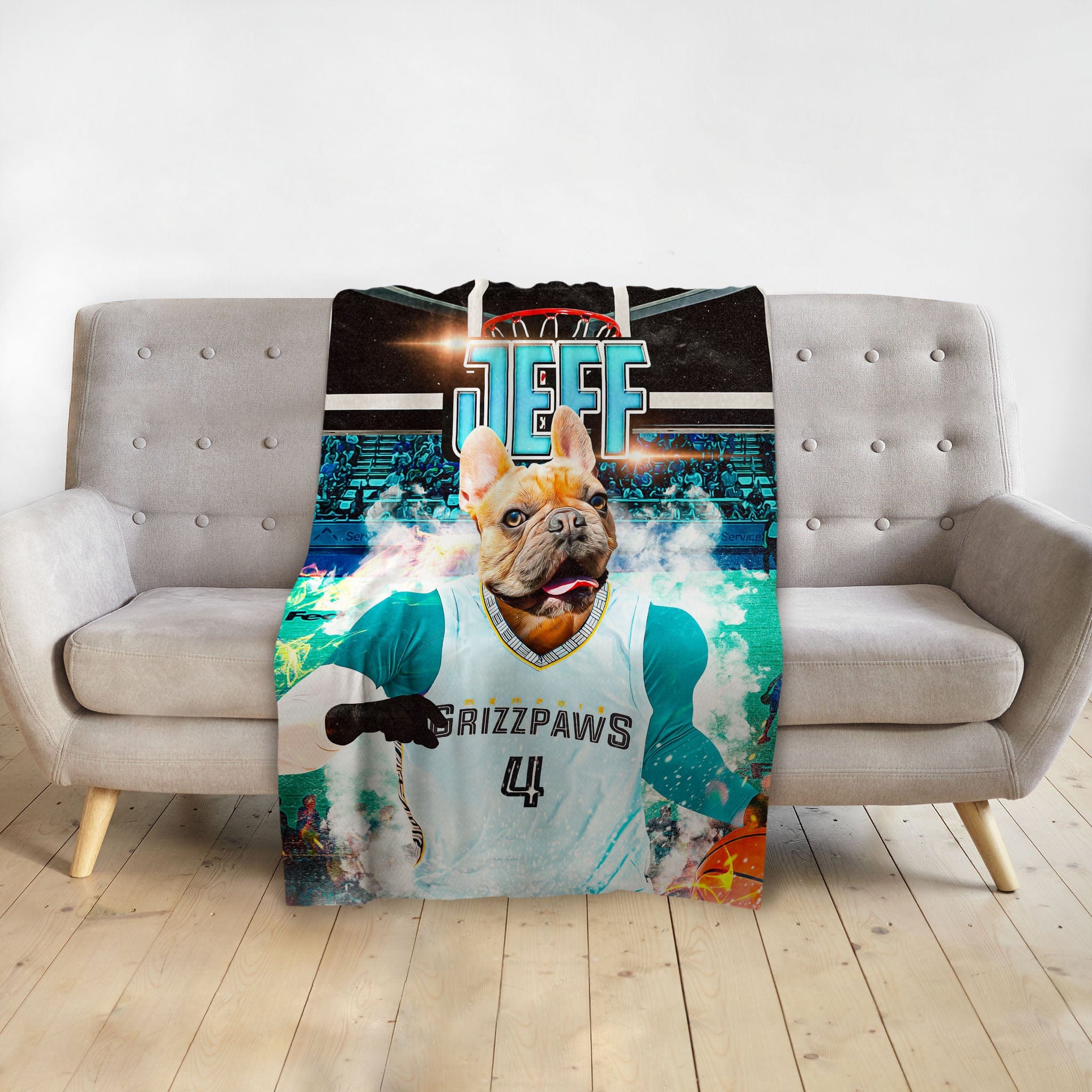 Personalized pet blanket with a French Bulldog in a blue basketball jersey, "Grizzpaws" and "Jeff" text.