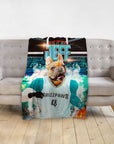 Personalized pet blanket with a French Bulldog in a blue basketball jersey, "Grizzpaws" and "Jeff" text.