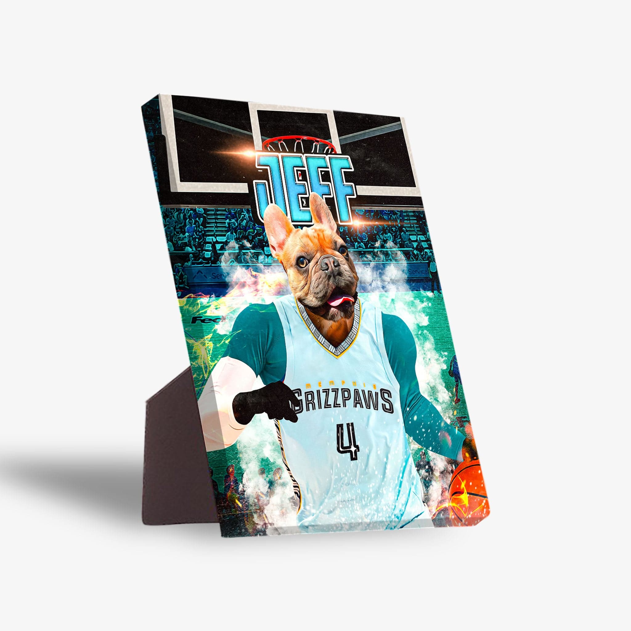 Personalized Memphis Grizzpaws pet standing canvas featuring a French bulldog in a teal basketball jersey.
