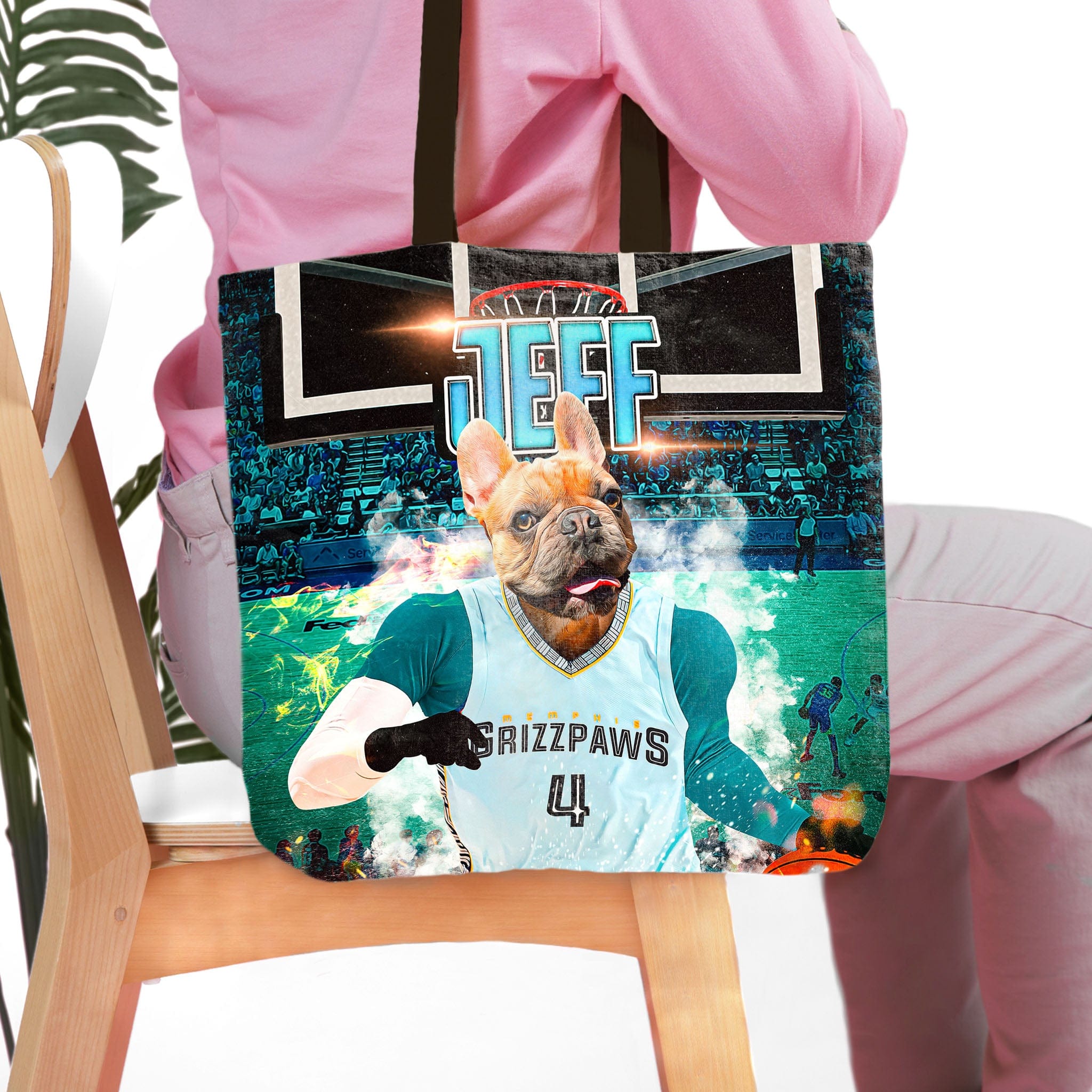 Personalized Memphis Grizzpaws tote bag with a custom French Bulldog pet portrait in a basketball jersey.