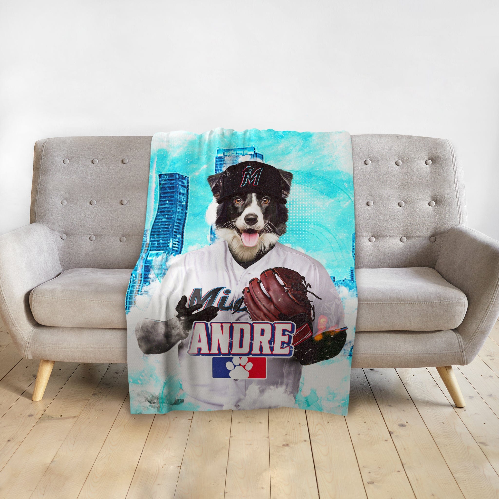 Personalized pet blanket with a border collie dog portrait in a Miami Marlins baseball uniform.