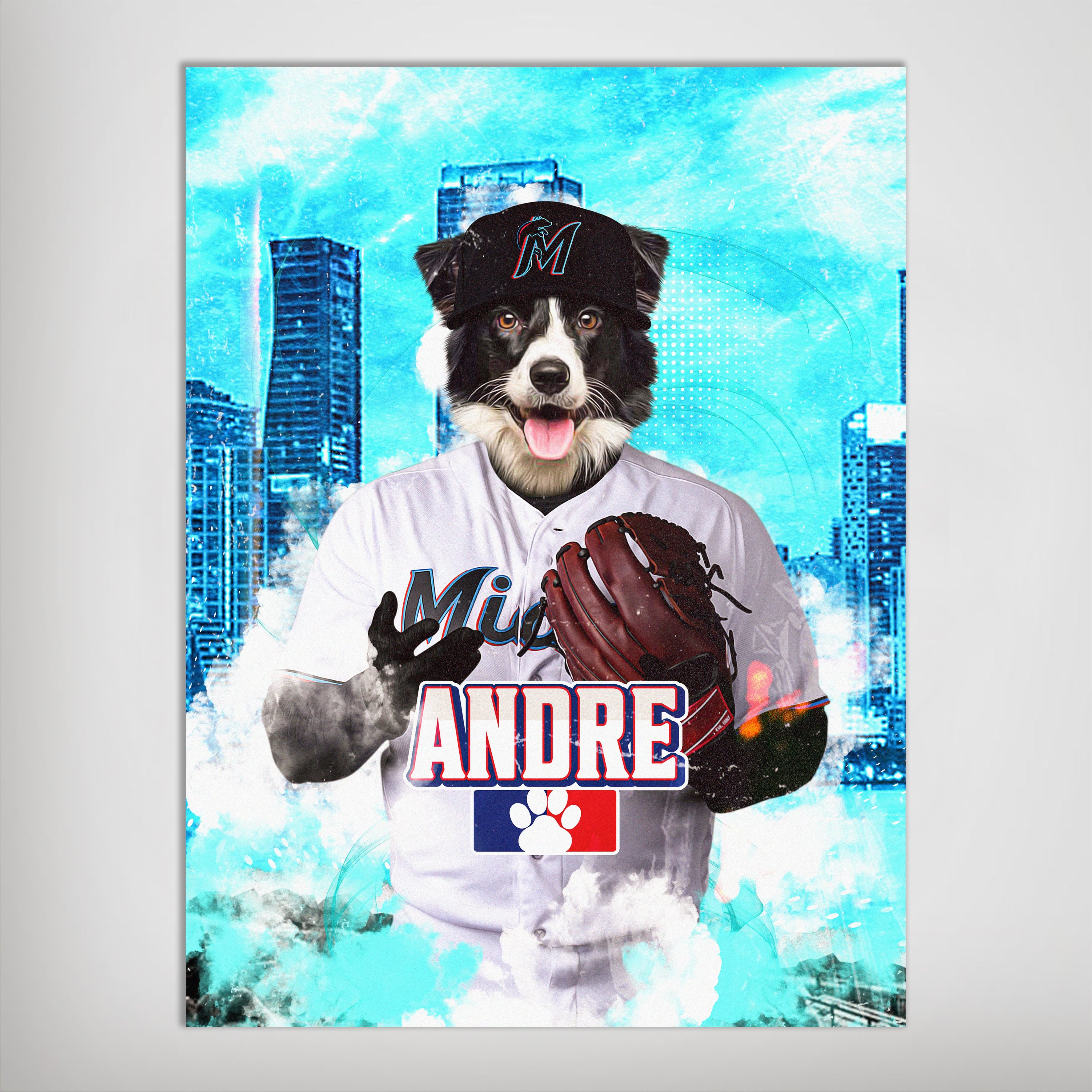 Personalized pet poster featuring a border collie in a Miami Marlins baseball uniform with "Andre" and a paw print logo.