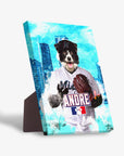 Personalized pet standing canvas featuring a Border Collie in a Miami Marlins baseball uniform against a blue city skyline.