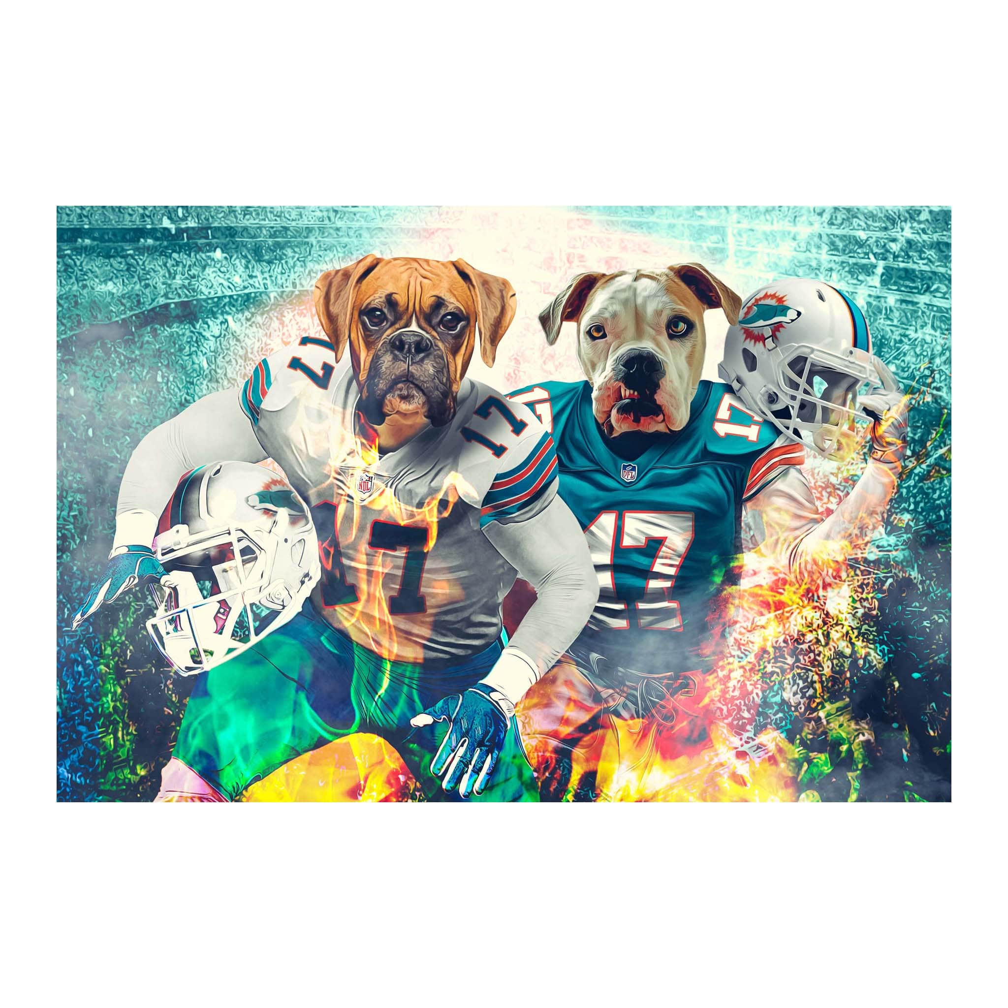 Custom digital portrait of two dogs as Miami Dolphins football players.