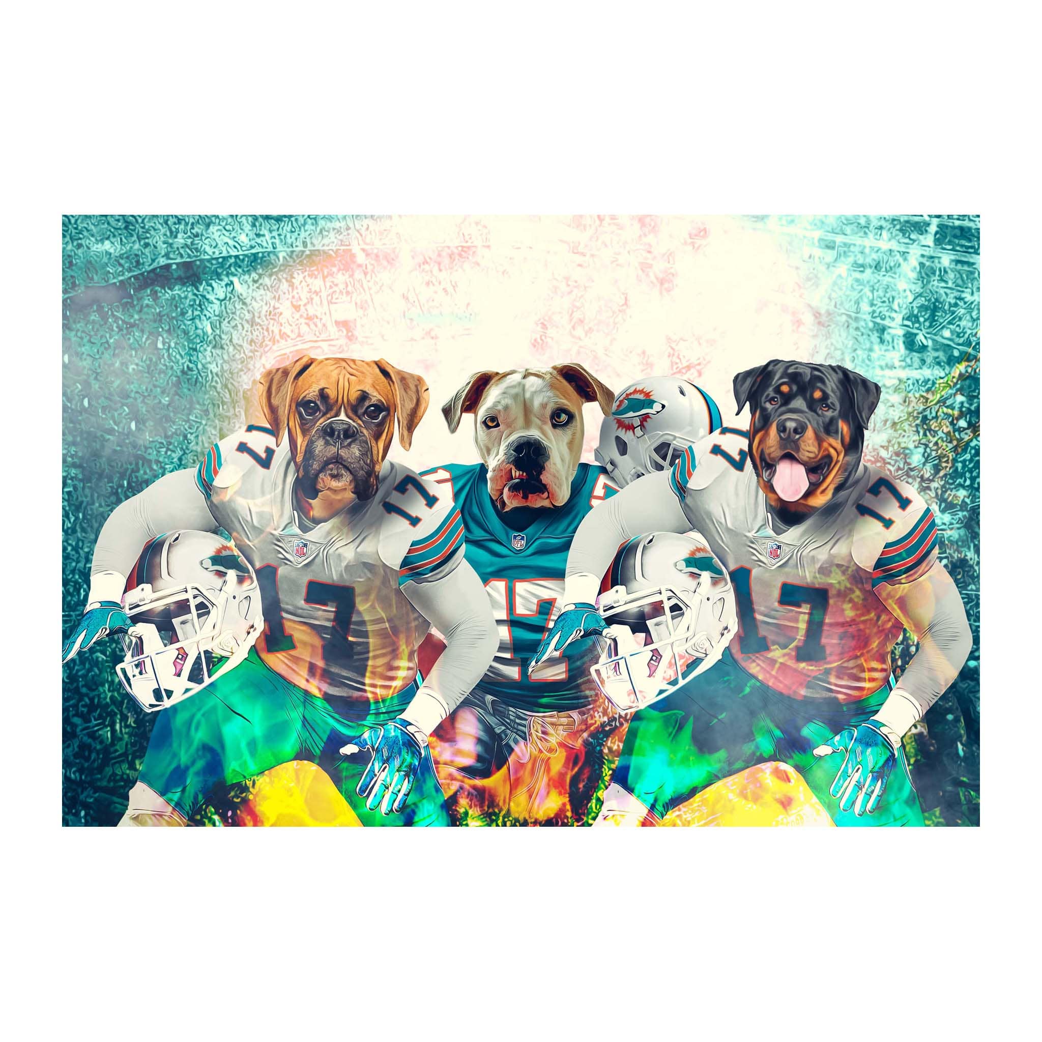 Custom personalized digital portrait of three dogs in Miami Dolphins football uniforms.