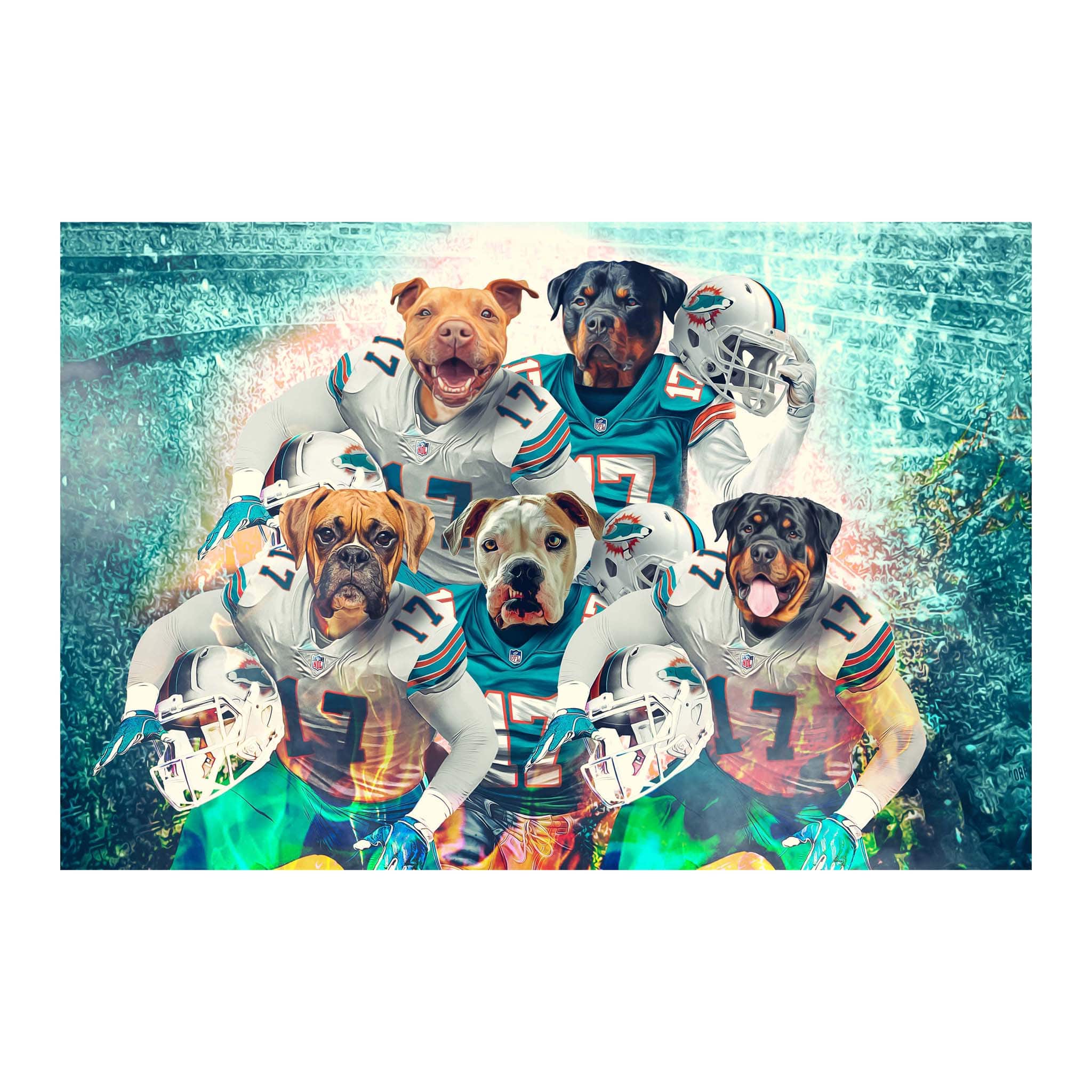 Personalized digital portrait of five dogs in Miami Dolphins football uniforms.