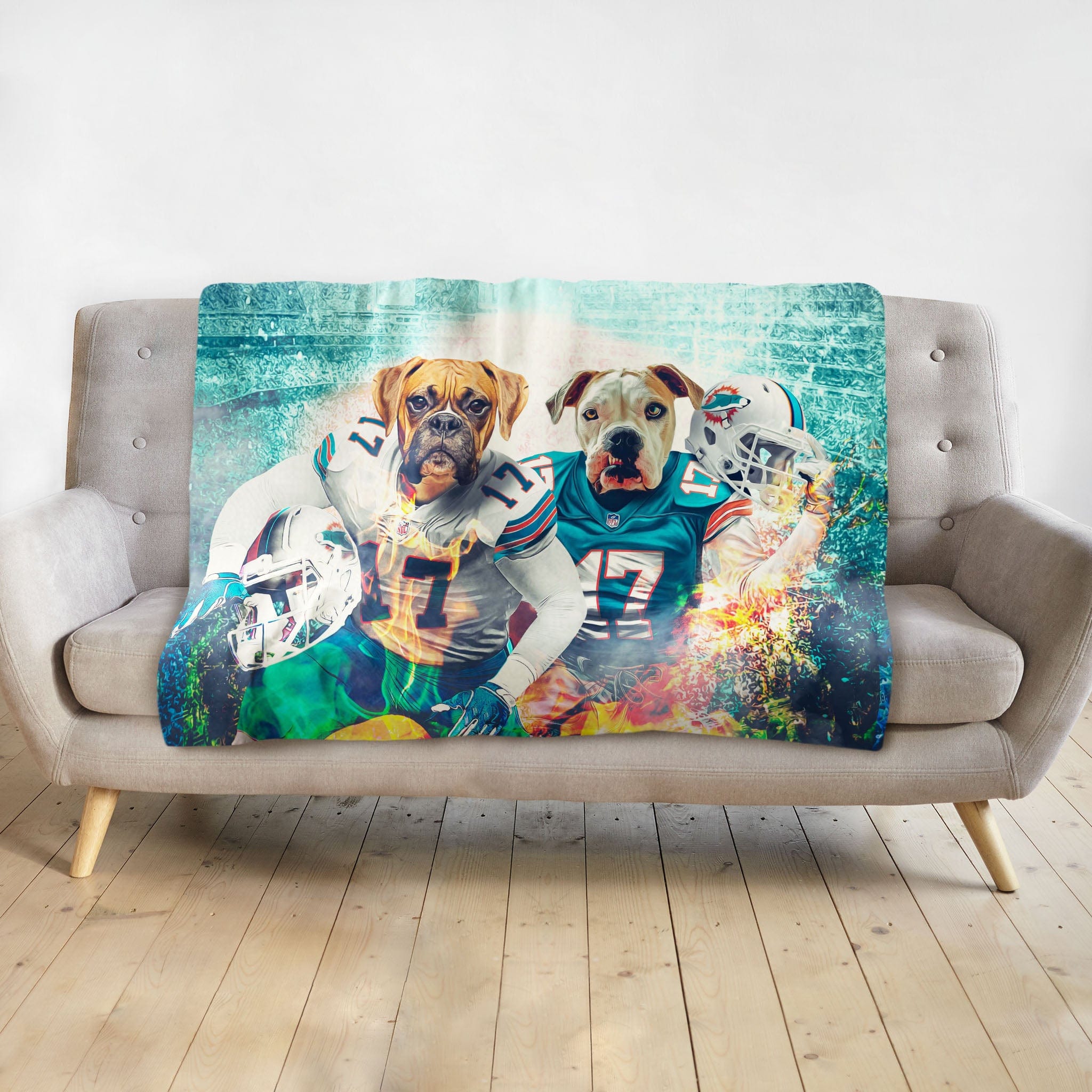 Personalized Miami Doggos 2-pet blanket featuring dogs in football uniforms.