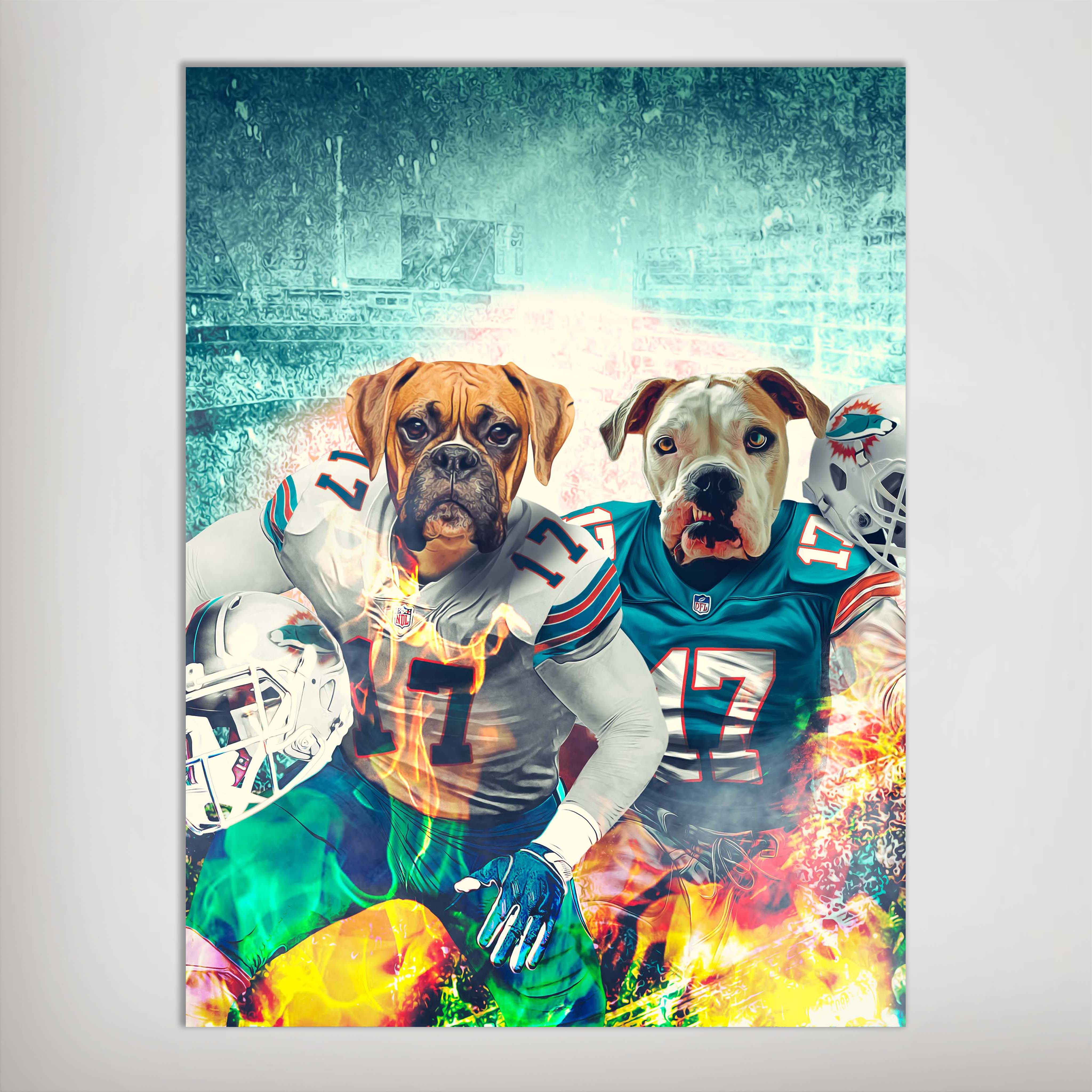 Personalized Miami Doggos poster featuring two pets as football players in team jerseys.