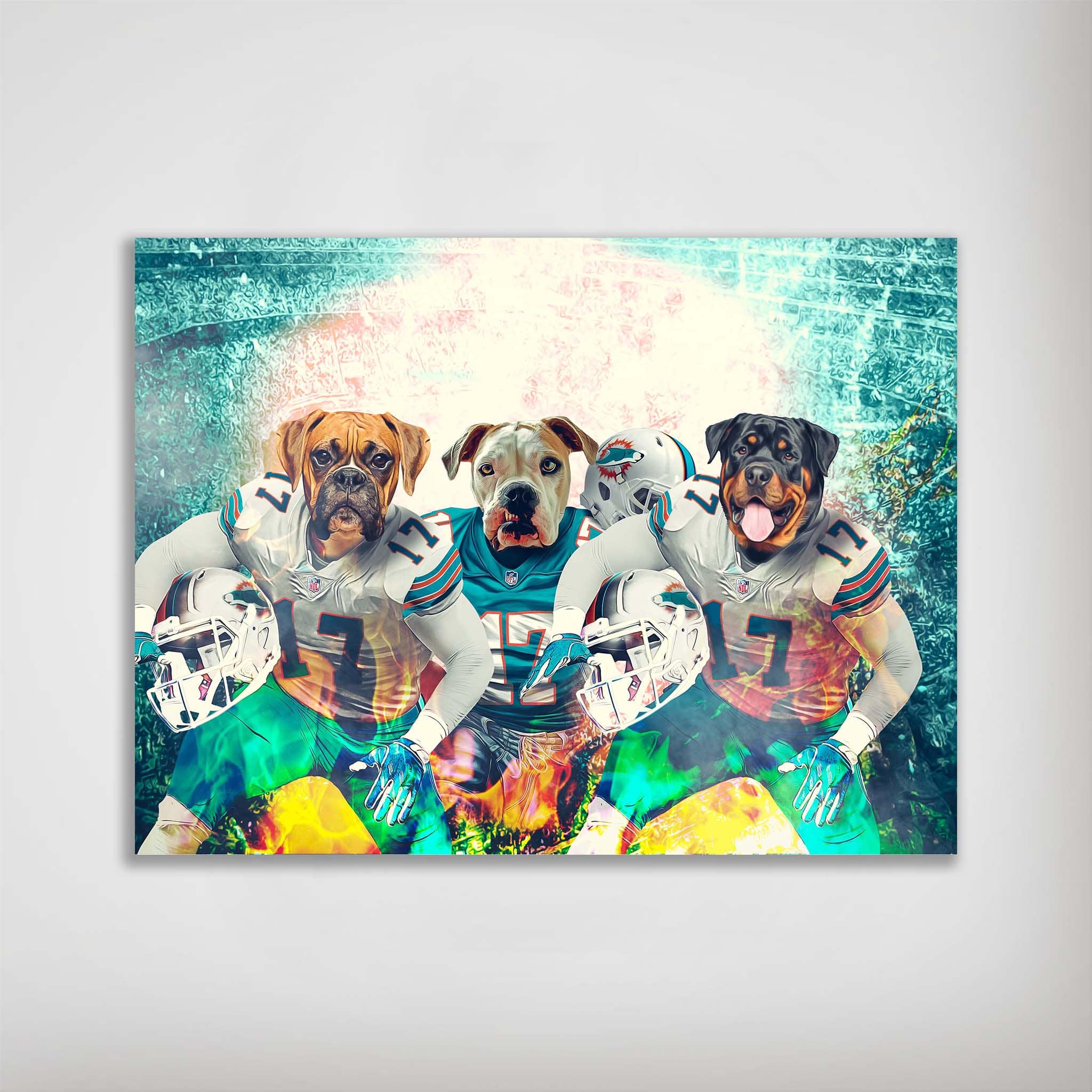 Personalized poster featuring three dogs in Miami Dolphins football uniforms with helmets, vibrant colors.