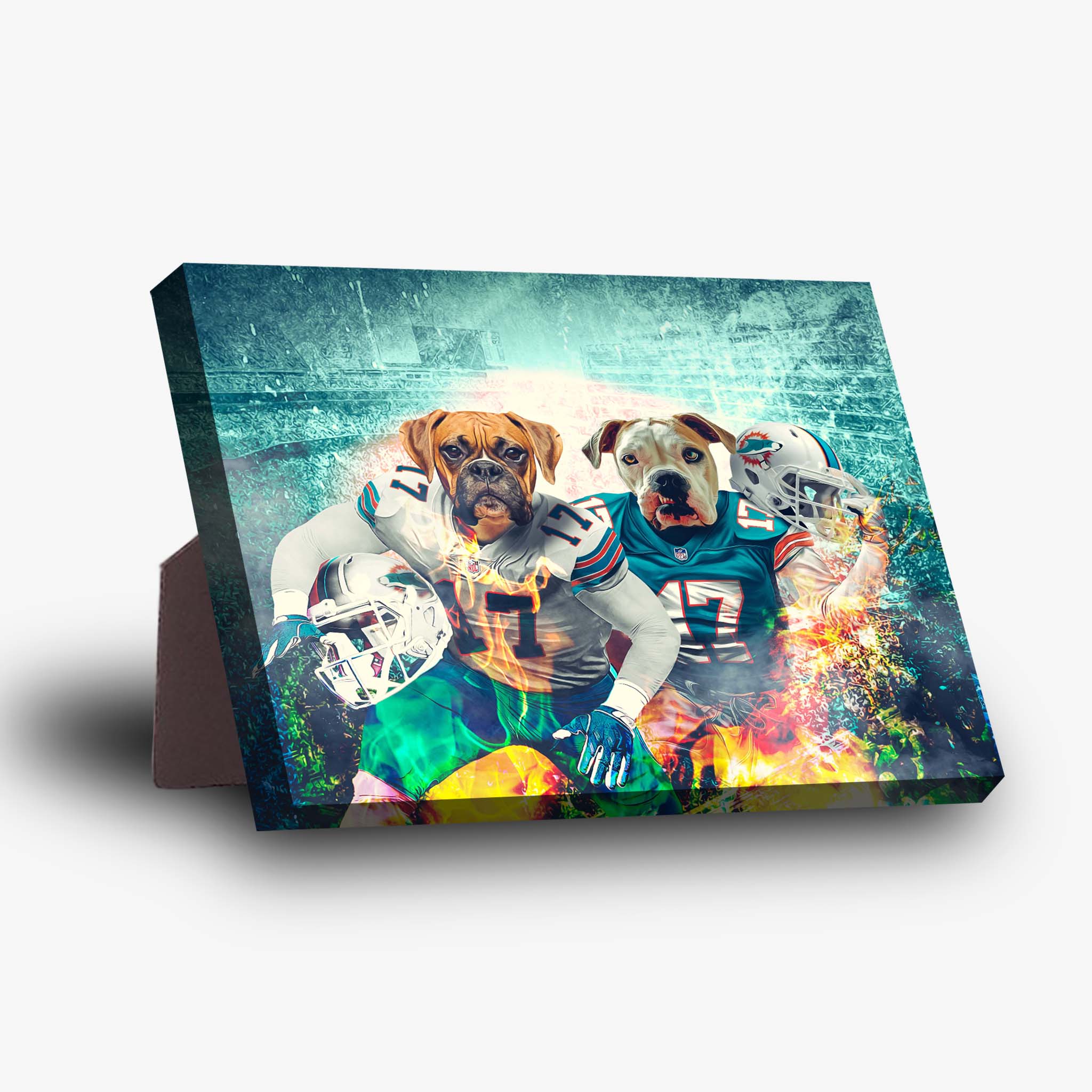 Personalized 'Miami Doggos' standing canvas featuring three pets in football jerseys with a vibrant, fiery background.