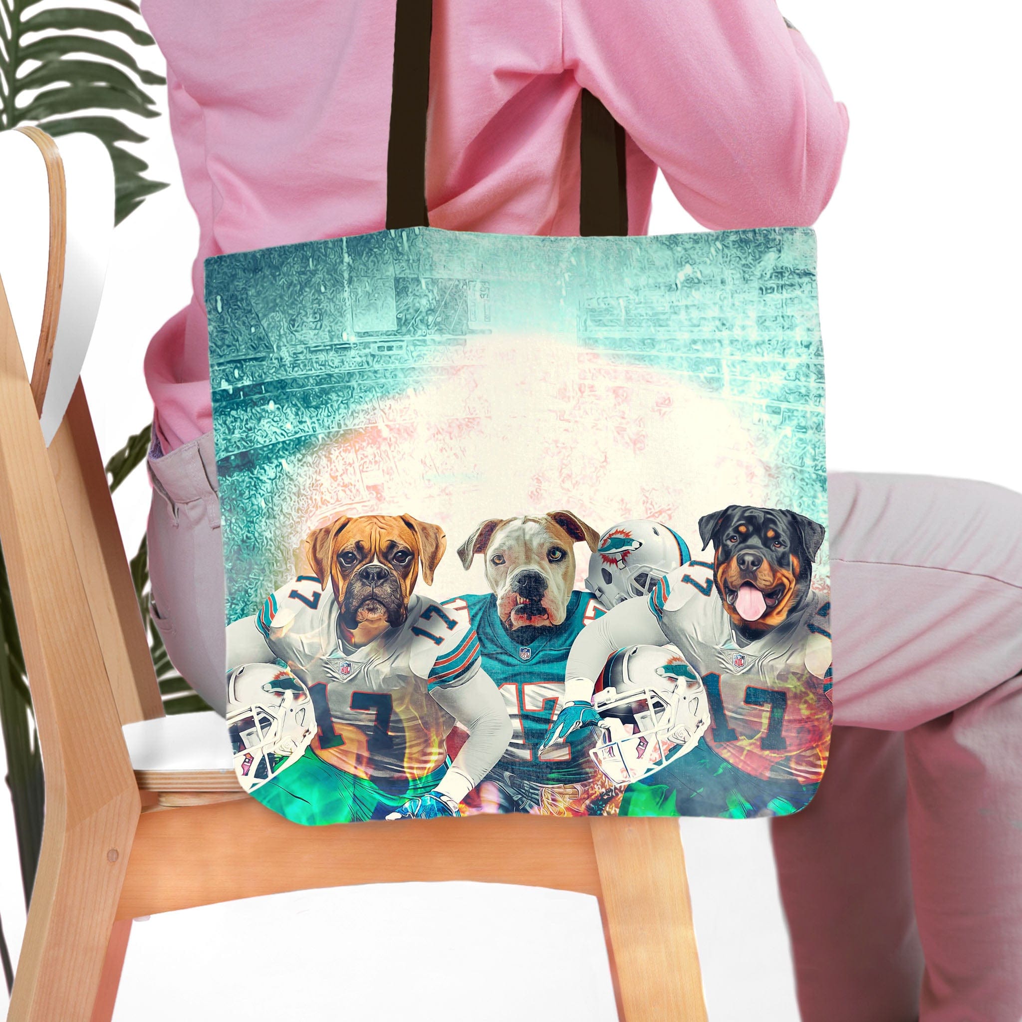 Personalized 3 pet tote bag with dogs in football uniforms, "Miami Doggos" style.