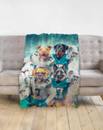 Personalized Miami Doggos blanket with four dogs in football uniforms.