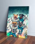 Personalized 'Miami Doggos' canvas featuring four pets as football players in teal and white jerseys.