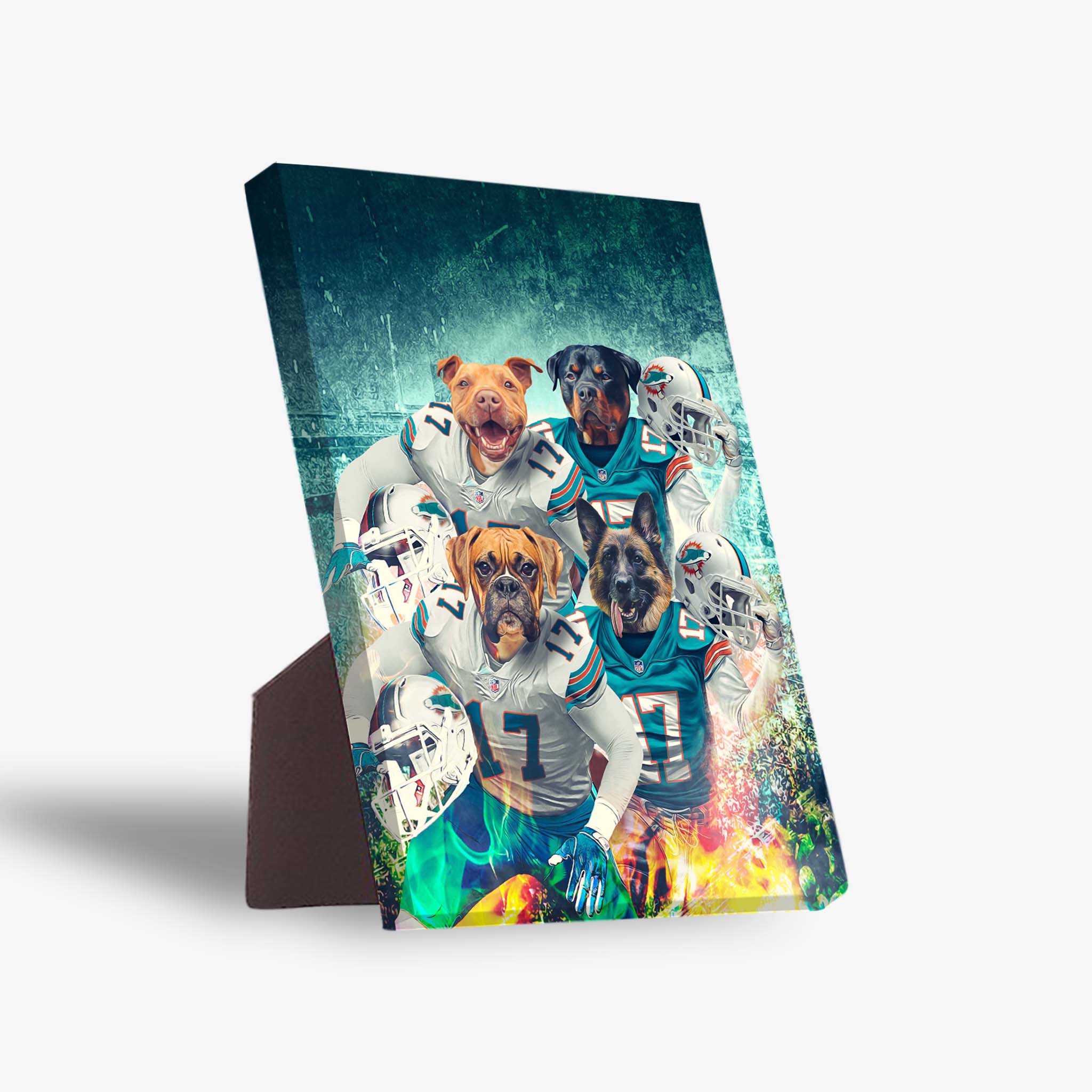 Personalized standing canvas featuring four pets as Miami Doggos football players in teal and white jerseys.
