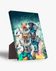 Personalized standing canvas featuring four pets as Miami Doggos football players in teal and white jerseys.