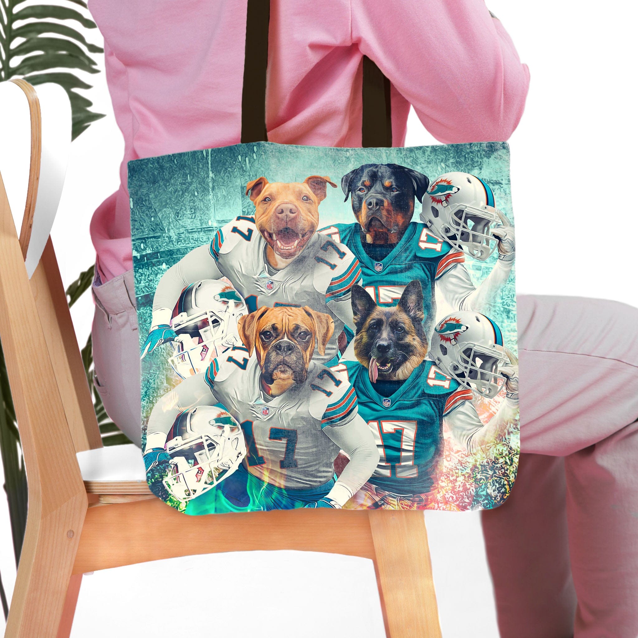 Personalized 4-pet tote bag with dogs in football uniforms and helmets.
