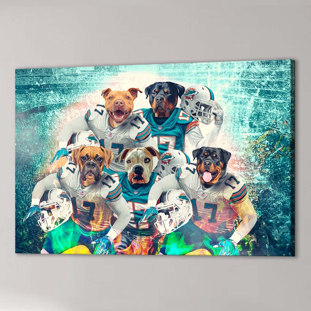 Personalized 5-pet canvas featuring dogs in Miami Dolphins football uniforms on a vibrant field.