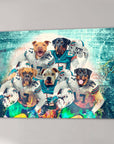 Personalized 5-pet canvas featuring dogs in Miami Dolphins football uniforms on a vibrant field.