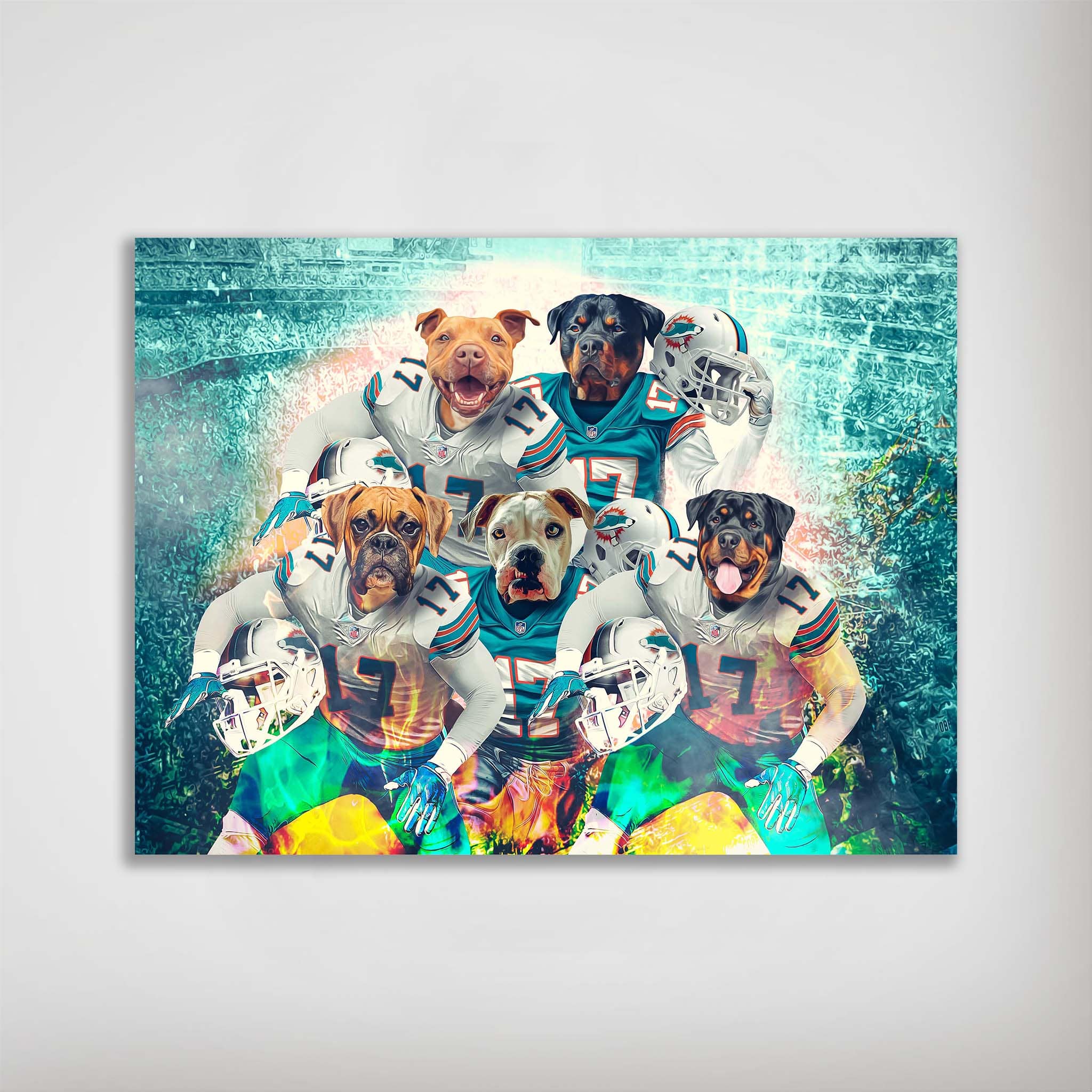 Personalized 'Miami Doggos' poster featuring five pets as football players in teal and white uniforms.