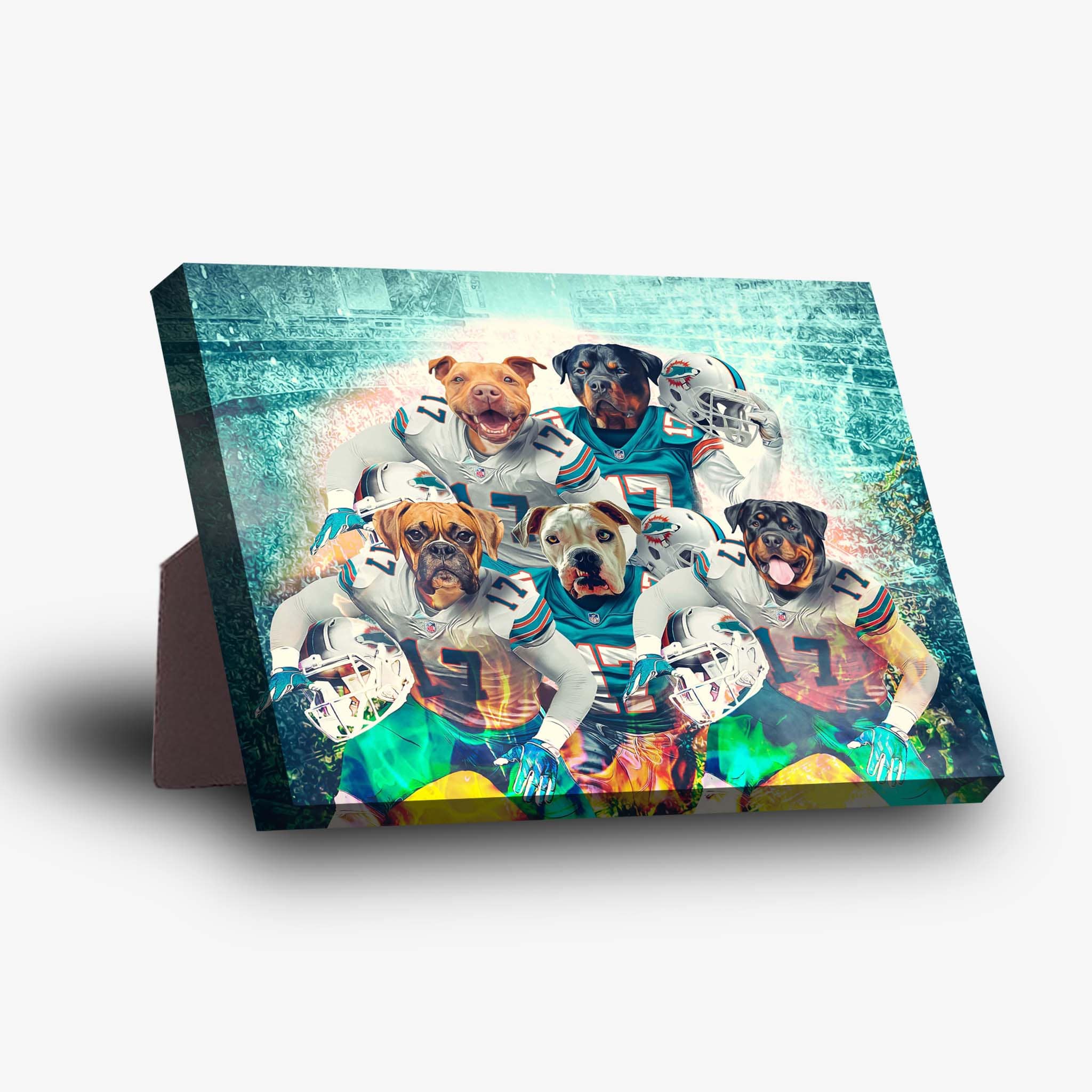 Personalized 'Miami Doggos' canvas with five pets in football jerseys, featuring a sturdy stand.
